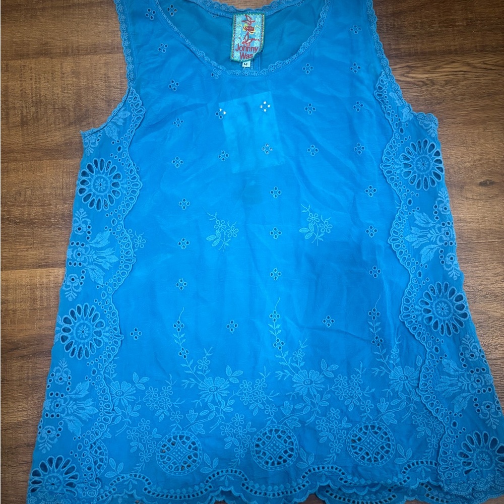 Johnny Was Turquoise Eyelet Floral Sleeveless Tank
